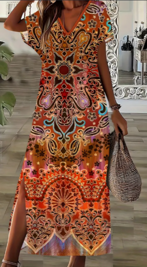 0ed51a20-e4c8-404f-9a2e-64e5d95ef53e Boho-Chic Plus Size Floral Print Dress With Side Slit - V-Neck, Short Sleeve, Perfect For Spring & Summer