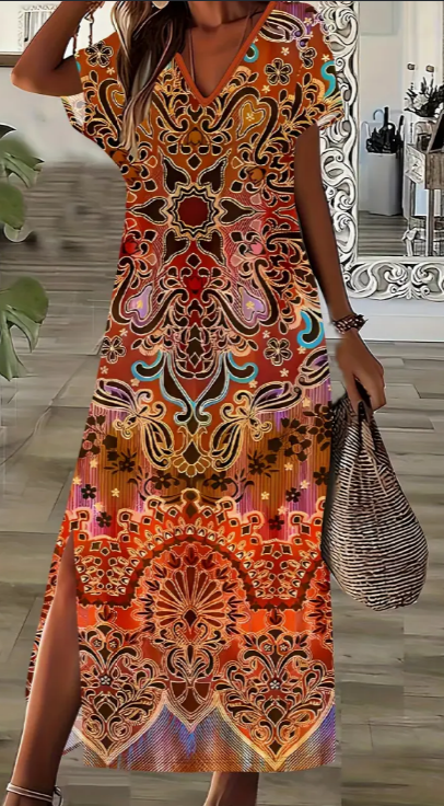 Boho-Chic Plus Size Floral Print Dress With Side Slit - V-Neck, Short Sleeve, Perfect For Spring & Summer