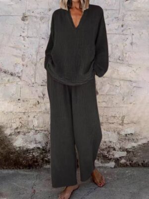 Women's Solid Color Casual V-neck Pullover Long Sleeve Trousers Suit