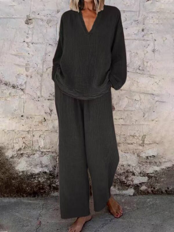 Women's Solid Color Casual V-neck Pullover Long Sleeve Trousers Suit
