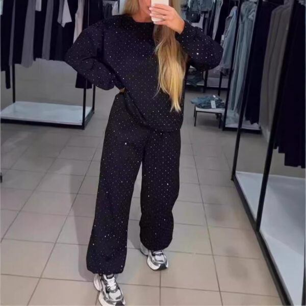 11bcbedc-4fb2-46d3-89d0-f9a0425a4b69 Women's Casual Round Neck Drilling Drawstring Ankle-tied Two-piece Suit