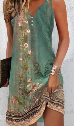 14206ada-b566-498e-bc52-5f450e455201 Women's Summer Holiday Floral Print Sleeveless V-Neck Loose Dress With Slit
