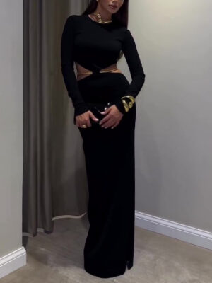 14a95de1-2e3e-4393-b5e5-c65d470e2ffa Black Cutout Waist Long-Sleeve Maxi Dress-Includes Waist Chain