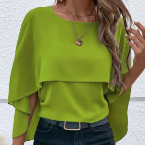 153ea5e2-a929-4d51-86dc-deebe0bc5f79 Solid Layered Cloak Sleeve Blouse, Versatile Crew Neck Blouse For Spring & Fall, Women's Clothing