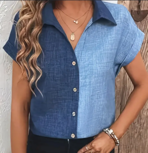 176592dd-0b1a-4fbb-9ac9-599cb39f2d38 Color Block Button Up Blouse, Elegant Lapel Neck Short Sleeve Blouse For Every Day - Women's Clothing - Stylish & Versatile - Suitable For Casual & Office Wear - Perfect Gift For Women