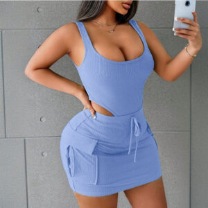 1766f1b3-0e6e-41e2-81d5-08c3902c69e2 Women's Suits Summer Square Neck Suspender Jumpsuit And Slim Skirt