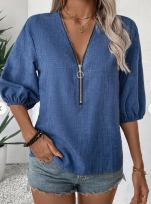 17df2230-63ed-4a71-93a8-dfee5d3d7114 Elegant Deep V-Neck Zip-Up Blouse For Women - Chic Spring Fall Fashion, Machine Washable, Design, Sleeve