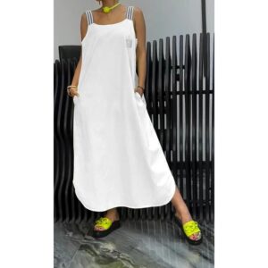 184f71a3-2de0-409f-8c11-cef7d0c78d11 Casual Cotton And Linen Pocket Striped Shoulder Strap Skirt