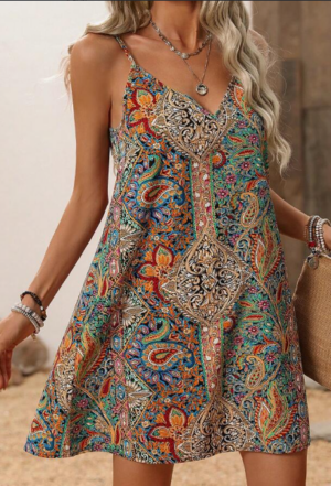 19dd0817-f988-4371-b2ee-ab39c1b9dbfe Bohemian Printed V Neck Spaghetti Strap Backless A-Line Dress, Perfect For Music Festivals