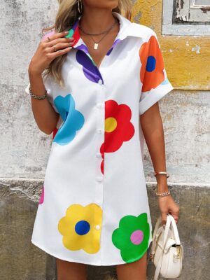 Casual White Open-Front Dopamine Floral Print Short Sleeve Shirt Dress
