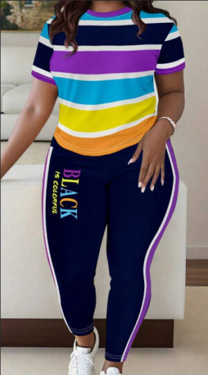 1eb6c976-92d1-413e-9cad-cbe1617f8fc2 Women Fashionable Colorful Stripe Print T-shirt And Pants Casual Set