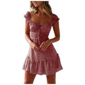 New Splicing Ruffled Floral Skirt Short-sleeved Printed U-Neck And High-Waisted Dress