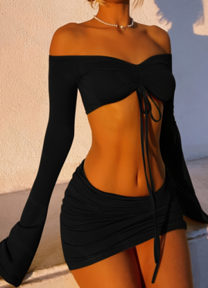2864d0e9-bcaa-4ea1-a1eb-06ace21bdeda Drawstring Drop Ruched Off Shoulder Two-piece Skirt Set Y2K Long Sleeve Top & Bodycon Skirt Outfits Women's Clothing