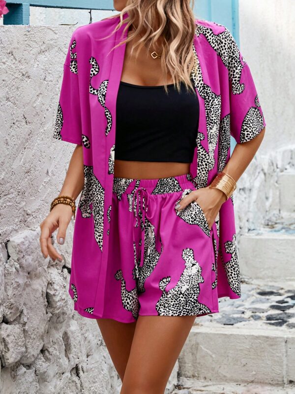 Random Print Drop Shoulder Shirt And Shorts Set With Slanted Pockets