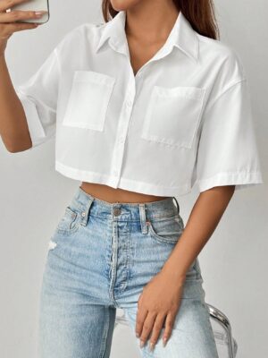 29df8a31-74aa-4cf9-8636-b113414c5219 Shoulder Pocket Patched Crop Shirt Short Sleeve Tops