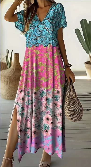 2a09715d-340f-4a3c-8b94-6374a73a83ff Floral Print V-neck Dress - Vacation Style Short Sleeve A-line Split Hem Dress For Spring & Summer - Women's Clothing - For Women - Perfect For Casual Outings, Beach Vacations & Summer Parties - Ideal