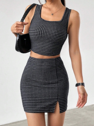 2a5bfef9-76d6-4340-85c0-68b8306f15e0 Women Plaid Square Collar Cropped Tank Top And Bodycon Mini Skirt Set