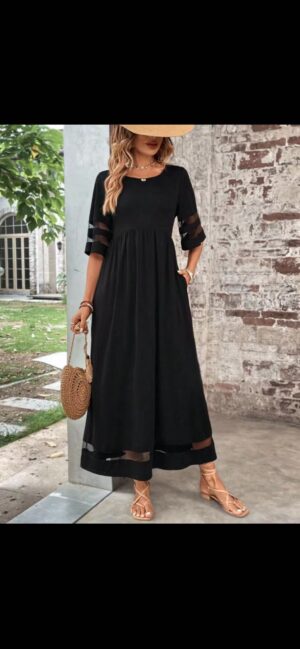 2d226102-e1e8-4c9c-8753-222e84f41d2d New Hot Sale Five-quarter Sleeve Mesh Patchwork Round Neck Pocket Dress