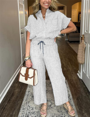 Women's Striped Suit Lapel Short Sleeve Straight Idle Style Trousers