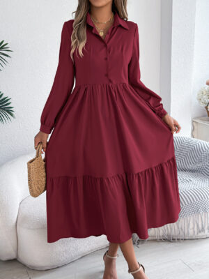 3a516ded-e5ff-4b53-a25e-282547352941 Women's Lapel Casual Loose Long Sleeve Ruffled Shirt Dresses Long Sleeved Turn-down Collar Single-Breasted Dress Spring Autumn Fashion Women's Clothing For Vacation