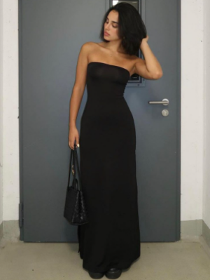 42b4b412-dd58-4c74-be22-6570ca9d74a8 Strapless Backless Solid Color Slim Slit Long Dress