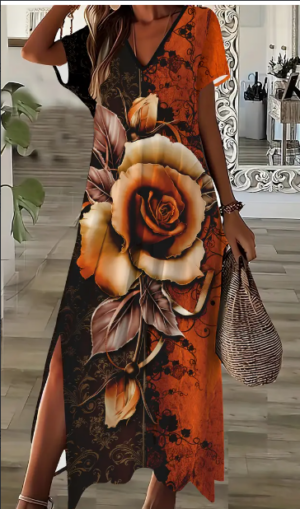4c8ada1c-403c-4af0-991f-6c56e616cff7 Women'S Elegant V-Neck Floral Rose Print Maxi Dress With Side Split,All-Season Fit And Flare Dress