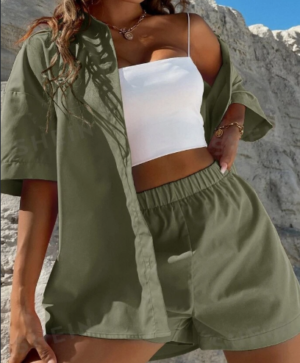 4fe5a86a-7f77-4803-bc0d-87a827fe9c42 Solid Button Through Drop Shoulder Shirt & Shorts