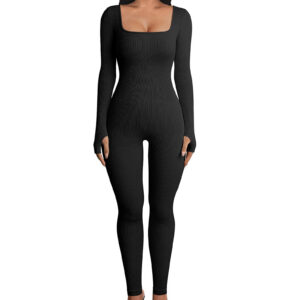 501d7da8-7787-47df-ba03-1e491e40cf18 Threaded Square Collar Buttocks Slim Jumpsuit