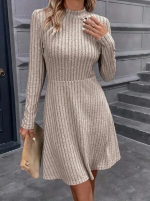 504470ad-a816-47f8-8f3e-4d65dd9b4bf0 Button Decor Mock Neck Dress, Elegant Long Sleeve Aline Dress For Spring & Fall, Women's Clothing