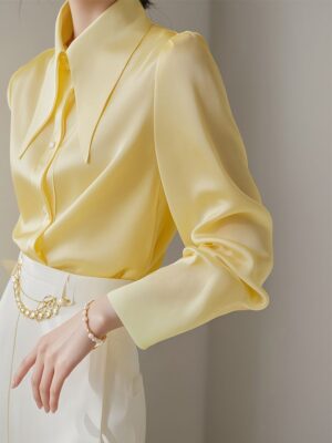 50c09a13-5be6-4611-b695-6a7bc33f0cc3 French Light Ripe Yellow Big Pointed Collar Long Sleeve Shirt