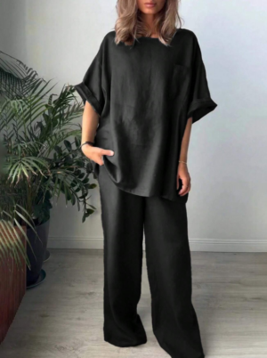 51a38372-5414-4cdb-a6cb-68da014b104f-1 2pcs Women Solid Color Crew Neck Short Sleeve Top And Long Pants Casual Outfit