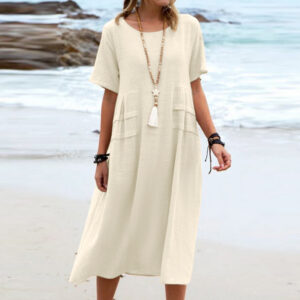 Women's Summer Loose Casual Midi Dress Breathable Cotton Linen Short-sleeve Mid-length Dresses Women Simple Beach Dress