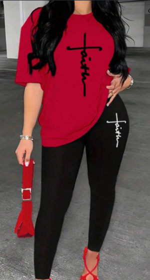 595f494b-8877-431d-96ae-36ca20897f82 Women's Alphabet Printed Round Neck T-Shirt And Leggings Set