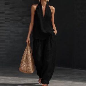 5e3c9d18-9ef2-46d9-923b-671a1db6c547 Summer Sleeveless Suits V-neck Halter Top And Wide-leg Pants Fashion Casual Straight Trousers Set