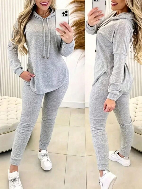 2pcs Set Women Solid Color Drawstring Hooded Long Sleeve Top And Pants Casual Suit
