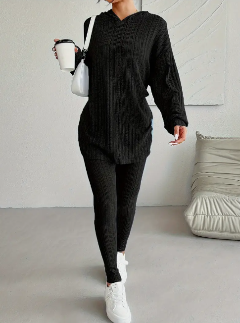 Ribbed Two-piece Set Casual Long Sleeve Hooded Top Skinny Pants Outfits