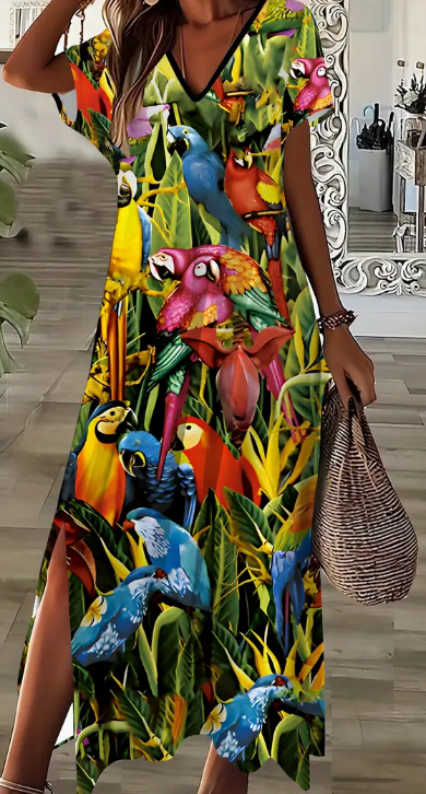 67ddbd6b-2b6e-4d4d-8389-a6c45742b4f2 Women's Plus Size V-Neck Dress With Animal Print & Side Slit - Casual Short Sleeve, Machine Washable