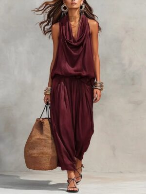 6803cf76-91d1-49c3-8eac-f5b251e9e8bc Womens Draped-Neck Vest And Casual Pants Set