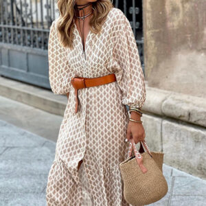 6815f9f1-931e-4d2d-a3af-b6f38d00384f Women's Fashion Temperament Printed V-neck Puff Sleeve Dress