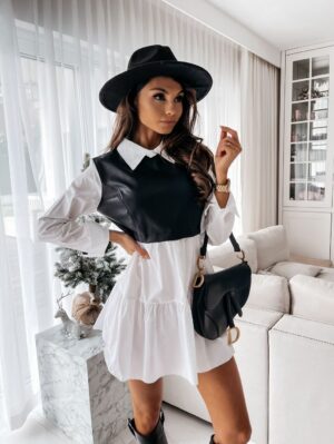 689553998153 Shirt Collar Pu Leather Matching Long-Sleeve Dress
