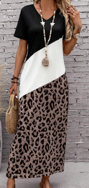 6afb9844-2741-4f22-9fd4-63da2e9c1f65 Leopard Print Colorblock Long Summer Tee Dress With Seelves