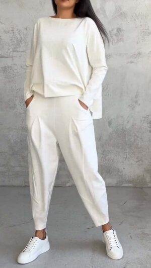 6cb9579e-72c2-478f-9469-a1b9d61c4c79 Women's Irregular Suit Long-sleeved Round Neck Top And Loose Harem Pants With Pockets Ins Fashion Trousers Set Women's Clothing