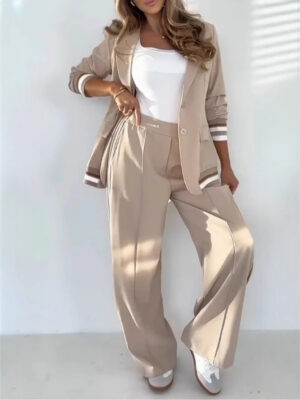 6fbf2793-c569-4bc6-9c43-241508f5c9bc 2 Pcs Set Women Suit Coat Pants Suit Lapel Long Sleeves Lady Jacket Wide Leg High Waist Trousers Female Commuting Office Outfit