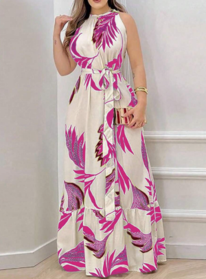 6ffb6a7f-71e6-42c8-b5b3-247505fb32d5 Women Plant Print Sleeveless Dress, Casual Vacation Style Maxi Women Outfit