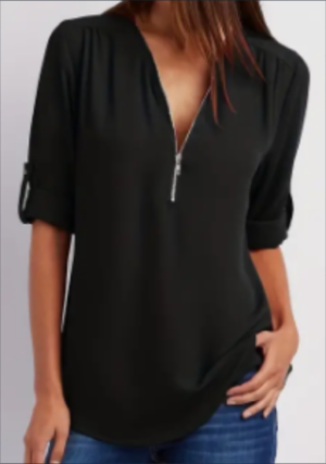 7055b5f5-0b1f-4270-acdc-3dff78a3bca4 Ruched Half Zip Solid V Neck Casual Blouse, Rollable Sleeve Women's Clothing