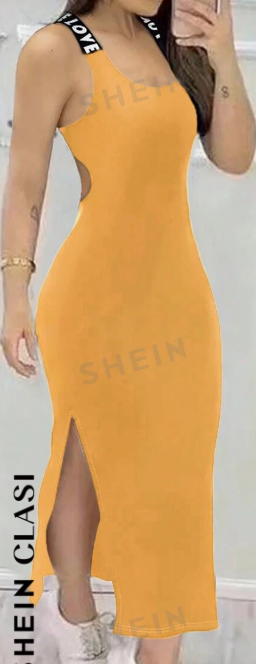 7198df53-d55e-4f69-9eb6-1acbeaf3c0d8 Long Sleeveless Criss-Cross Back Letter Print Form-Fitting Slit Hem Dress For Women