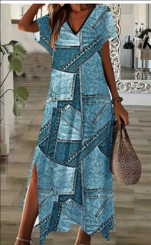 76144915-ce09-4584-b3e6-0faec401ddaa Elegant Women's Short Sleeve V-Neck Denim-Inspired Dress With Geometric Print And Side Slit - Machine Washable - Chic Summer Fashion