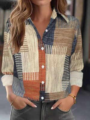 777ca261-a0cd-4c08-826d-defb88ab1e69 Color Block Button Print Long Sleeve Casual Retro Shirt