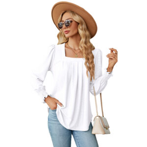 7ff21443-ef43-4a59-aafe-81d313e63034 Jacquard Pleated Square Collar Long Sleeve Swallowtail Solid Color T-shirt For Women