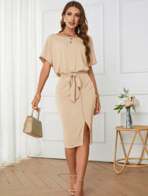 7ff31070-4a6f-4e9d-aa0a-9962b7ed3b37 Solid Batwing Sleeve Split Thigh Belted Dress